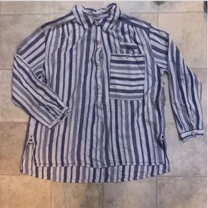 We The Free Free People Longline Henley White w/blue Stripes Long Sleeve Linen